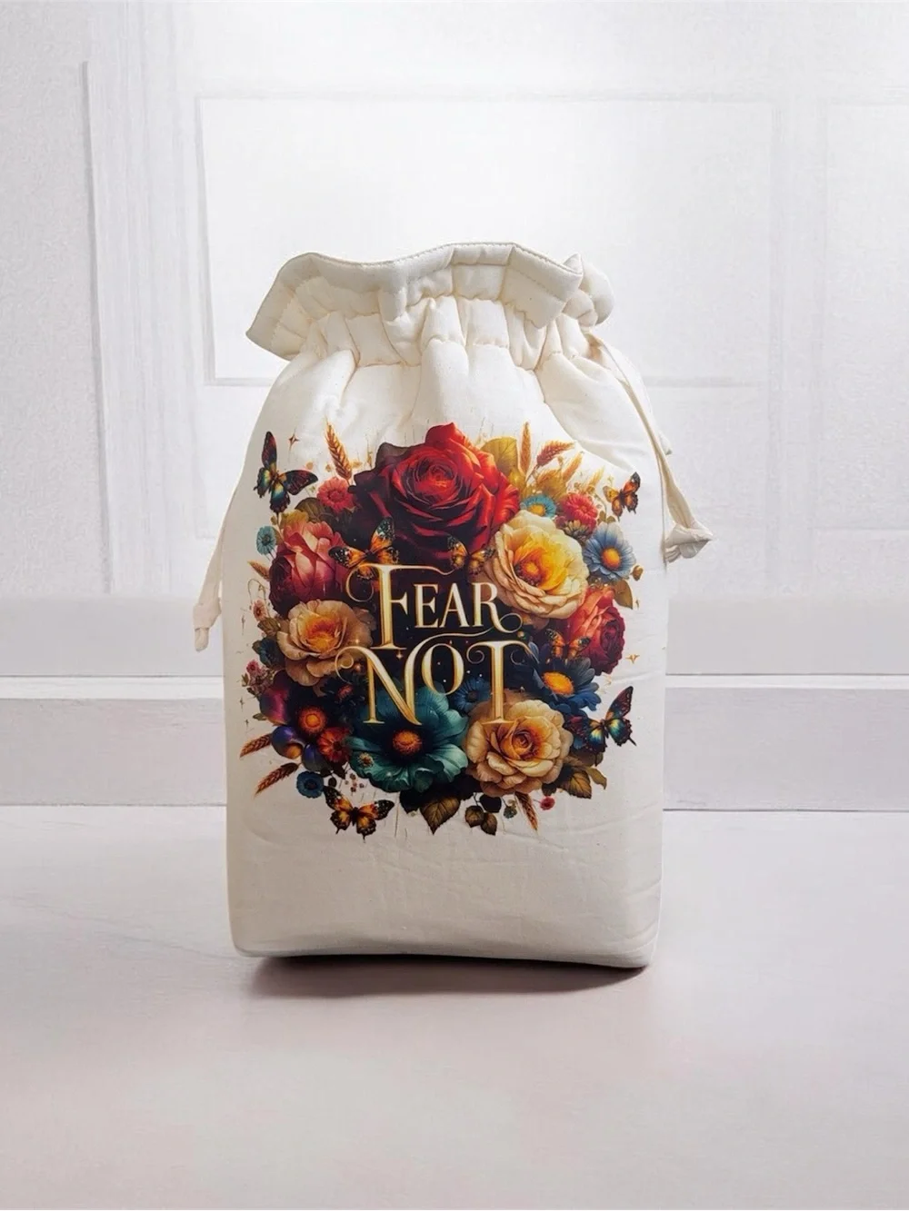 Fear Not Floral Drawstring Cosmetic Pouch - Cream